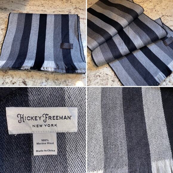 Hickey Freeman $110 Merino Wool Black Gray Striped Scarf 72”x10” EUC - Picture 1 of 14